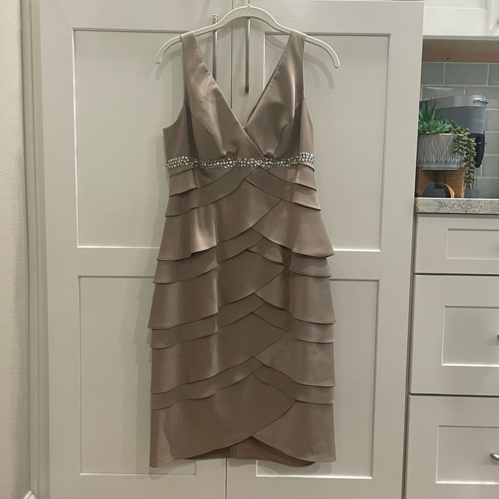 Alex Evenings Taupe Tiered V-Neck Cocktail Dress with Beaded Waist